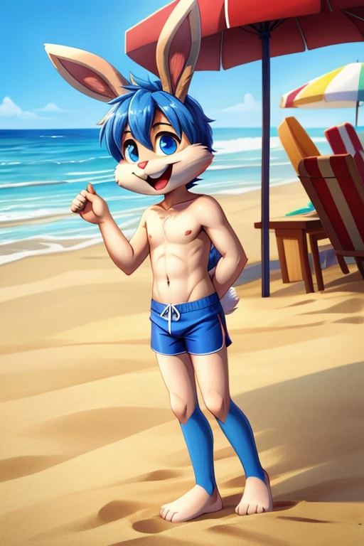 Cartoon rabbit guy blue hair full length slim skinny in red swimming trunks on the beach with a happy face