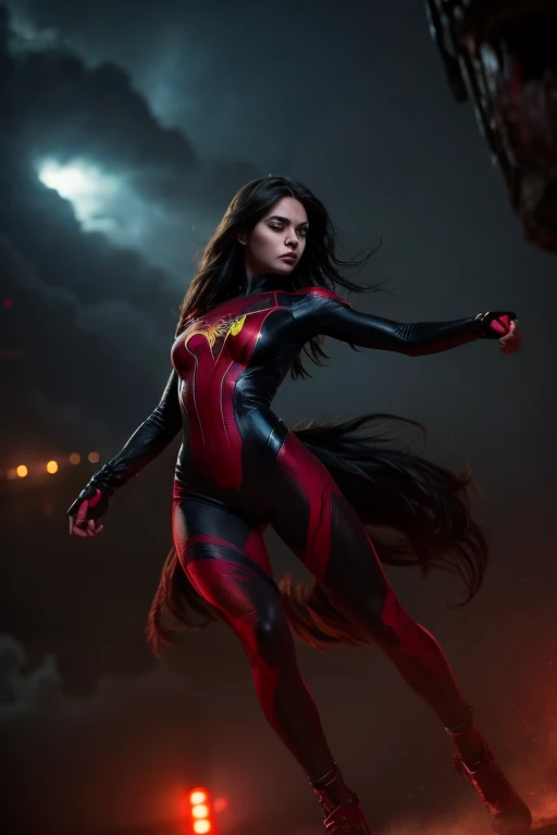 a beautiful spiderwoman with long hair and detailed eyes, wearing a tight bodysuit, riding a giant spider, superhero, dark dystopian city background, cinematic lighting, dramatic composition, moody color palette, high detail, photorealistic, 8k