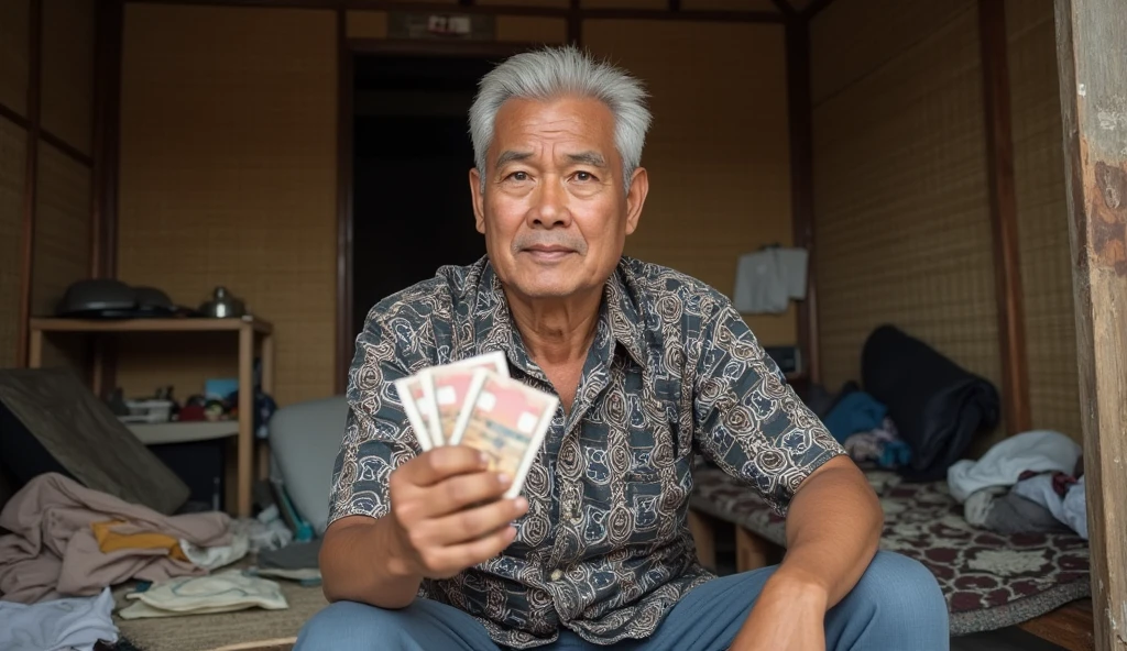 ((ultra-realistic photo)) [A 50-year-old Indonesian man with white hair is sitting calmly in a disorganized rural bedroom. He wears a brown batik shirt with intricate traditional patterns, exuding an air of relaxed confidence. His expression is one of wicked satisfaction as he holds a thick bundle of Indonesian rupiah notes in one hand. Behind him, the modest room is in disarray, with scattered clothes, overturned furniture, and other belongings strewn across the bamboo-woven floor. The walls are made of woven bamboo, showing signs of age and simplicity. The doorway he sits near frames the scene, with soft, natural light filtering into the room, highlighting the chaos and the man’s sinister demeanor.]  
Lighting: Diffused natural lighting with soft shadows from a small window.  
Camera angle: Medium telephoto, frontal angle focusing on the man and the messy room.  
Resolution: (((8K))), HDR, ultra-detailed, professional sharpness, vibrant colors, and natural lighting.  
Textures: Realistic details of the man's batik shirt, the rupiah notes, bamboo walls, and scattered items.