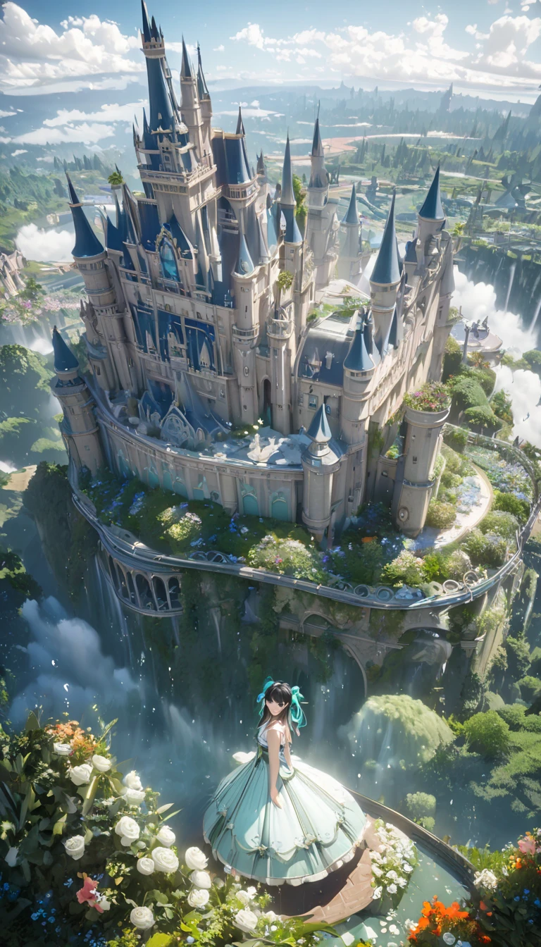  Spectacular CG Matte Painting, A broad perspective, Pale green clouds, Disney Castle, A flower garden above the clouds, Drops of water falling from the clouds, Sea of Pale Green Roses , High-quality images, Unreal Engine, ArtStation 4k HD Trends  , (  beautiful girl,  twin tail hair,  blue eyes, ribbon,  black hair,  hair between eyes , hair ribbon, sidelocks,) ,