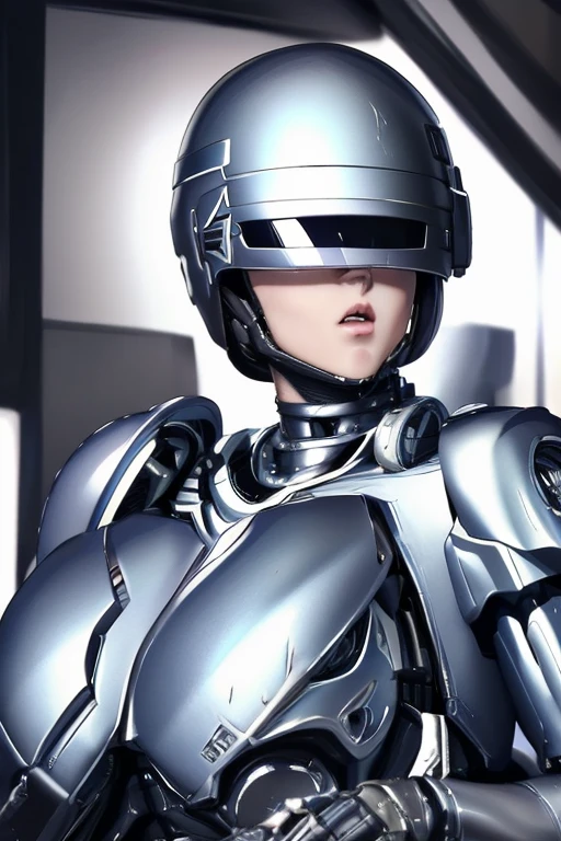 High-quality, (complete image)  A cool and charming face, RoboCop armor,  RoboCop helmet,  A beautiful and sexy young woman, 18 years old,  Toned and muscular,  Cool and attractive,  Sharp eyes,  Big breasts, Semen on the face,My face gets dirty with semen.