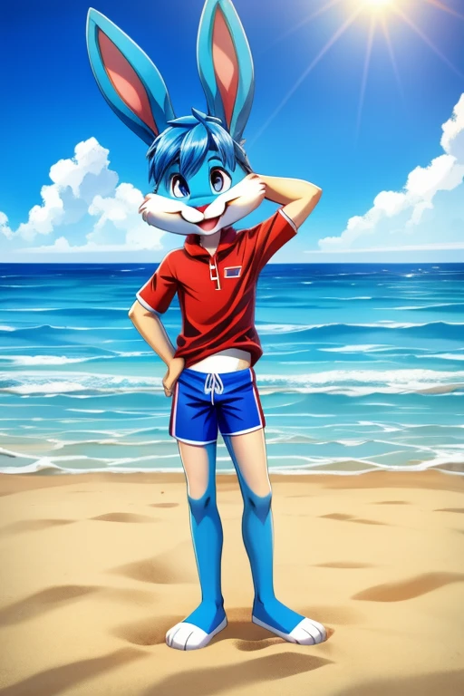 Cartoon rabbit guy blue hair full length slim skinny in red swimming trunks on the beach with a happy face big ears