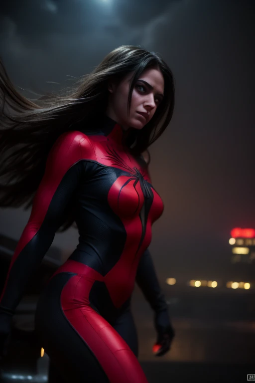 a beautiful spiderwoman with long hair and detailed eyes, wearing a tight bodysuit, riding a giant spider, superhero, dark dystopian city background, cinematic lighting, dramatic composition, moody color palette, high detail, photorealistic, 8k