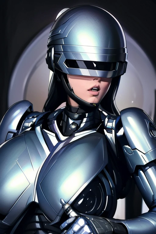 High-quality, (complete image)  A cool and charming face, RoboCop armor,  RoboCop helmet,  A beautiful and sexy young woman, 18 years old,  Toned and muscular,  Cool and attractive,  Sharp eyes,  Big breasts, Semen on the face,My face gets dirty with semen.