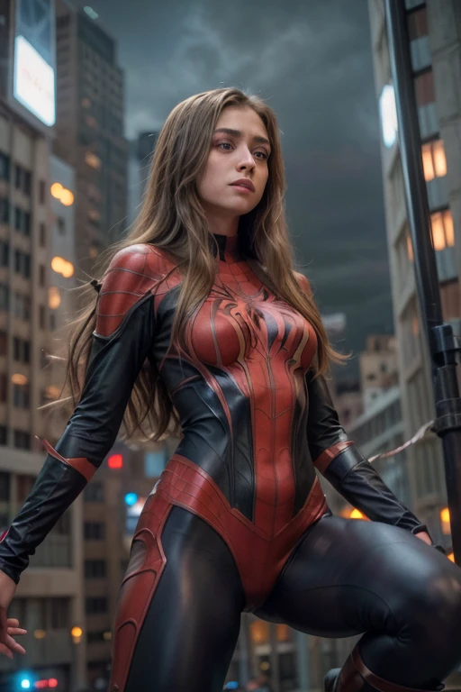 a beautiful spiderwoman with long hair and detailed eyes, wearing a tight bodysuit, riding a giant spider, superhero, dark dystopian city background, cinematic lighting, dramatic composition, moody color palette, high detail, photorealistic, 8k