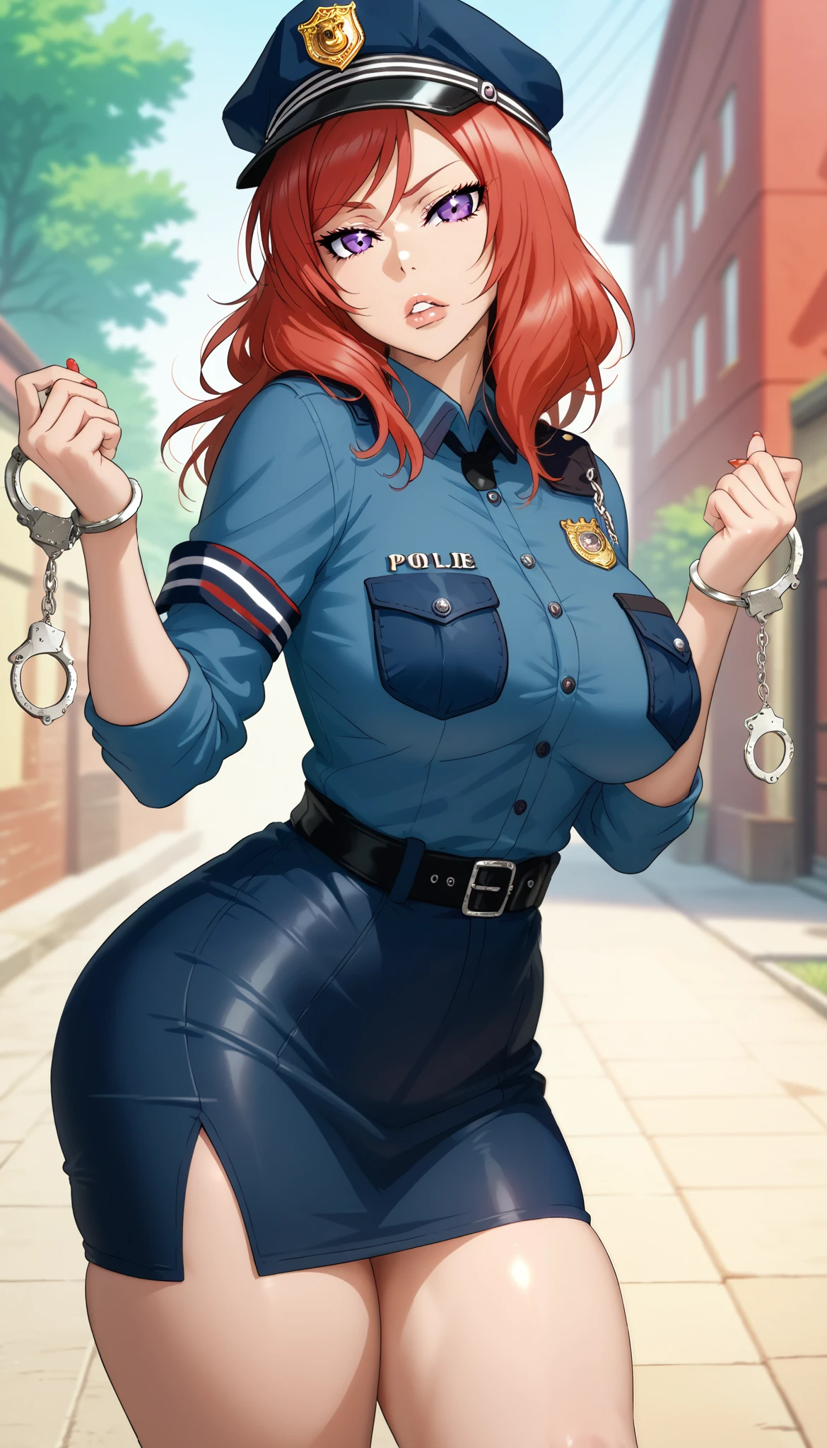 Female, Curvy body shape, Red hair, Bold geometric design, nishikino maki, sexual and bold posture, Outdoors, RUKIA Style,long hair, purple eyes,looking at viewer,seductive face,thin torso, narrow waist, police clothes,short skintight skirt, police cap,long girl, big breasts, parted lips, handcuffs,hand cuffed hands, thighs together,head to side