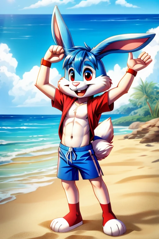 Cartoon rabbit guy blue hair full length slim skinny in red swimming trunks on the beach with a happy face big ears