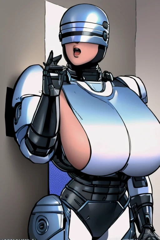 Female RoboCop, beautiful body, big breasts and butt, cornered against a wall, hands raised in surrender, frightened expression, High-quality, (complete image)  A cool and charming face, RoboCop armor,  RoboCop helmet,  A beautiful and sexy young woman, 18 years old,  Toned and muscular,  Cool and attractive,  Sharp eyes,  Big breasts, Semen on the face,My face gets dirty with semen.