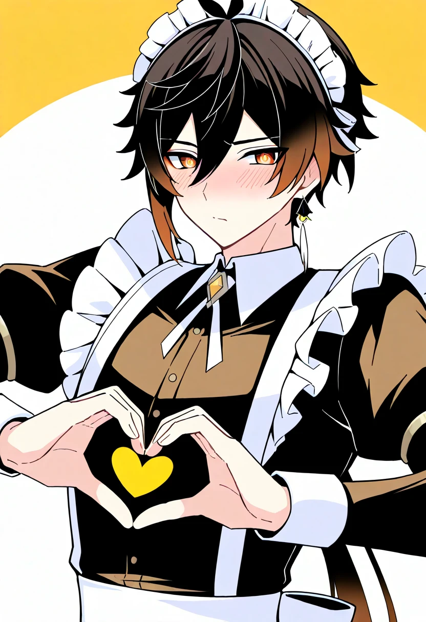 masterpiece, best quality, extremely detailed, 1boy, male focus, solo, Zhongli(Genshin impact), kawaii, maid outfit, long sleeves, heart hands, blush, upper body