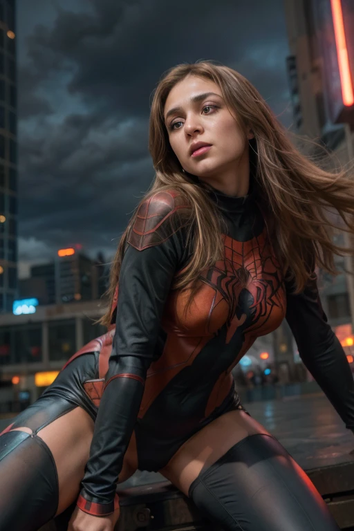 a beautiful spiderwoman with long hair and detailed eyes, wearing a tight bodysuit, riding a giant spider, superhero, dark dystopian city background, cinematic lighting, dramatic composition, moody color palette, high detail, photorealistic, 8k