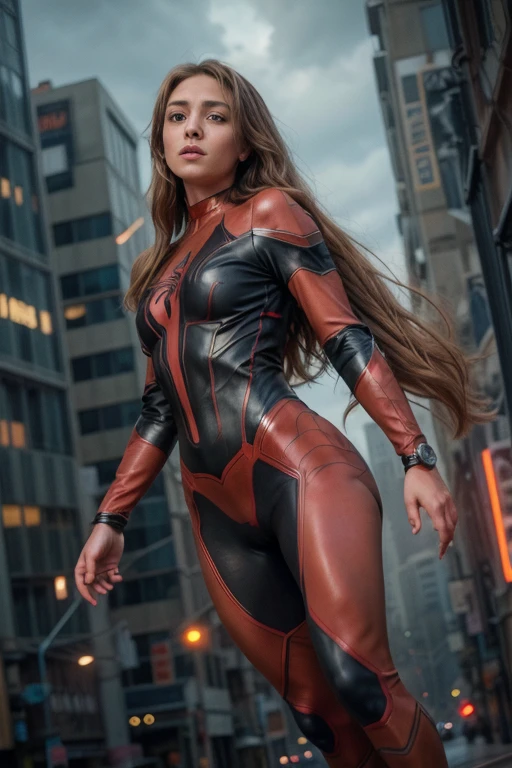 a beautiful spiderwoman with long hair and detailed eyes, wearing a tight bodysuit, riding a giant spider, superhero, dark dystopian city background, cinematic lighting, dramatic composition, moody color palette, high detail, photorealistic, 8k