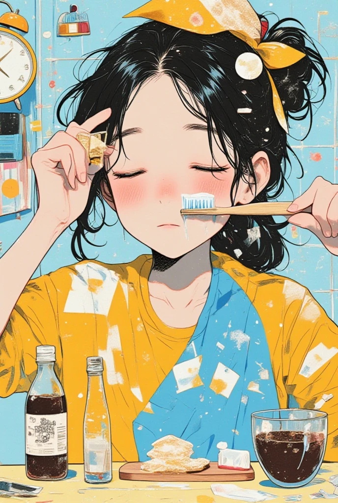   woman brushing her teeth with a sleepy face、「Ee」,White,light blue,Ultramarine,Sunflower color ,Surreal collage,a contemporary artistic collage,collage artwork, New Album Cover , Great Job !! ,digital collage、(collage ),collage art,contemporary collage,mixed media collage, Surreal +      is high definition , Surreal style, convertible、    Call it the Inner World of the Autism Spectrum, see here ,Toothpaste,Alarm clock,Asahi,Bread, black coffee 