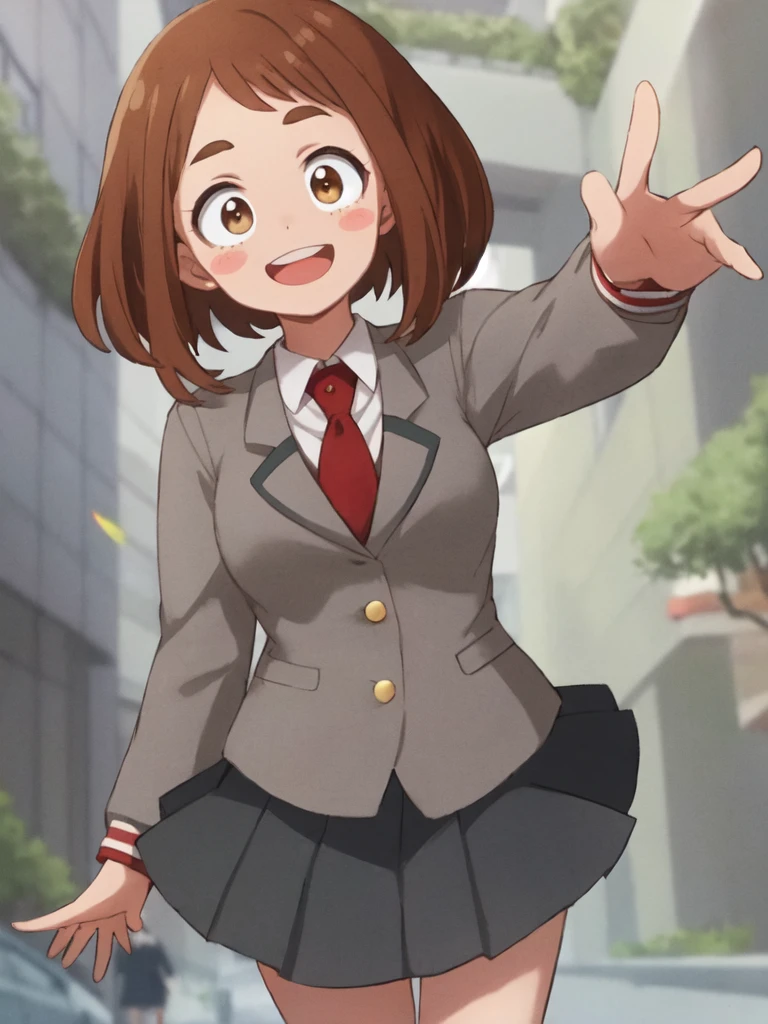 uraraka_ochako boku no hero academia 1girl, thick_Eyebrows turn red_Stickers, brown_hair, brown_eye, short_hair, Sideburns,  medium breasts skindantation smile  :D u .a._School_uniform, gray_jacket long_sleeve, white_shirt red _ ties, mos green pleated_ skirt, black stocking:1.5