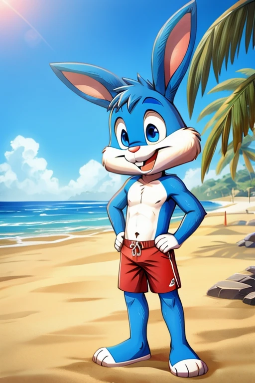 Cartoon rabbit guy blue hair full length slim skinny in red swimming trunks on the beach with a happy face big ears