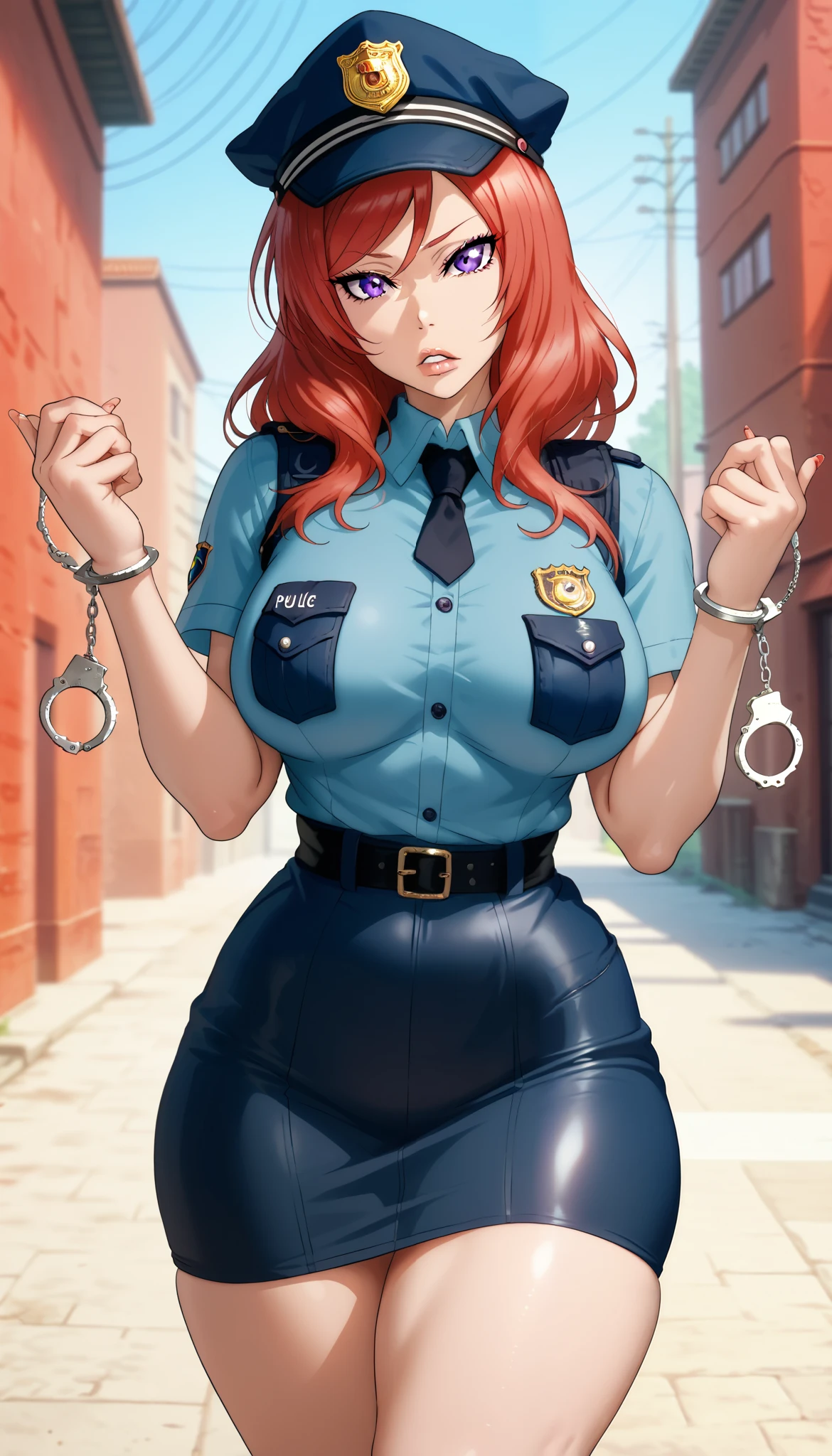 Female, Curvy body shape, Red hair, Bold geometric design, nishikino maki, sexual and bold posture, Outdoors, RUKIA Style,long hair, purple eyes,looking at viewer,seductive face,thin torso, narrow waist, police clothes,short skintight skirt, police cap,long girl, big breasts, parted lips, handcuffs,hand cuffed hands, thighs together,head to side, impossible clothes