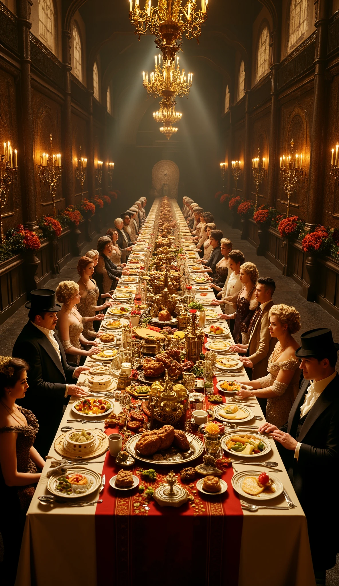 ((masterpiece)) ((photography)) ((Highest quality)) A grand banquet table set in the reception hall of an ancient castle, illuminated by the warm glow of chandeliers and flickering candles. The long table is adorned with an opulent spread of roasted meats, elegantly decorated cakes, fruits, and ornate platters of delicacies. Luxurious golden and silver candelabras and delicate floral arrangements are scattered along the table. Surrounding the table are Victorian-style princes and princesses, dressed in steampunk-inspired outfits with intricate gears, lace, and corsets. The women wear elegant dresses with subtle décolletés, while the men don tailored vests and top hats with a mechanical twist. The atmosphere combines timeless beauty and sophistication with a touch of whimsical steampunk charm.