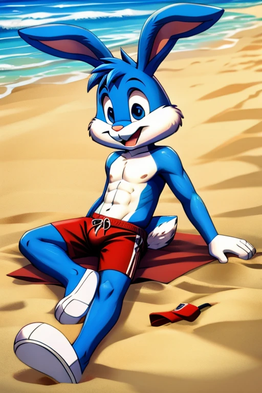 Cartoon rabbit guy blue hair full length slim skinny in red swimming trunks on the beach with a happy face