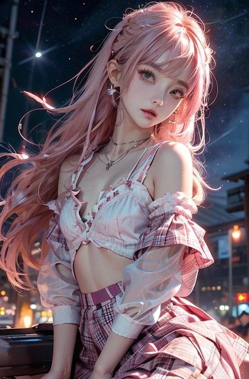 ((Lingerie model)), zoom, masterpiece, highest quality, High resolution, Elizabeth, One Girl, jewelry, Single knee socks, Silver Hair, Hair in one eye, abdomen, Black Skirt, Asymmetrical legwear, ((Pink Shirt)), Sleeveless, Black knee socks, belt, Are standing