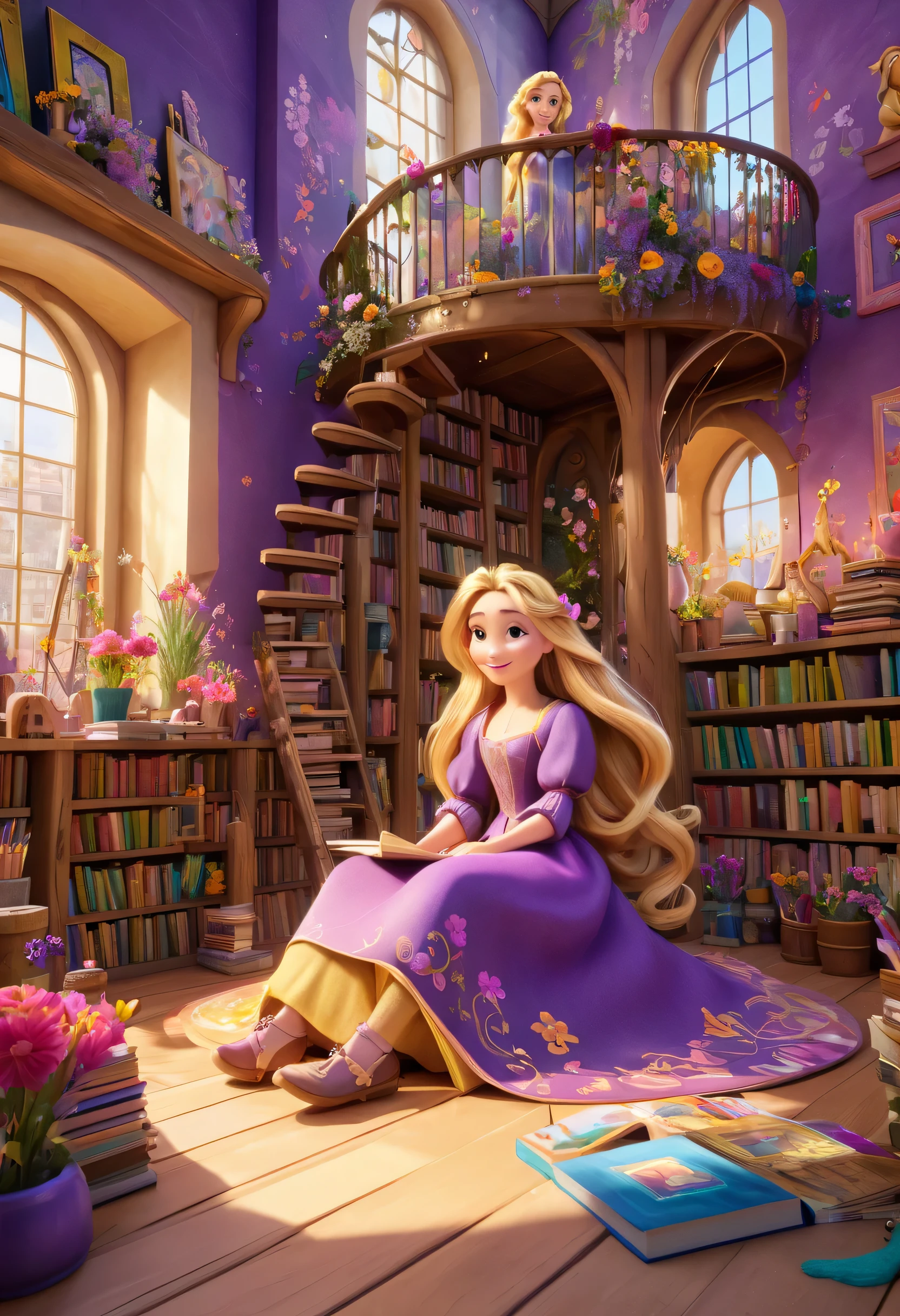 "An animated-style Rapunzel sitting on the floor of her tower, surrounded by books, paintbrushes, and flowers. Her golden hair flows around her in elaborate loops and waves, creating a magical aura. She wears a casual purple and pink outfit with subtle floral patterns. The walls of the tower are decorated with her paintings, and a small animal companion (like a chameleon) sits nearby. The scene is vibrant, cozy, and full of creative energy