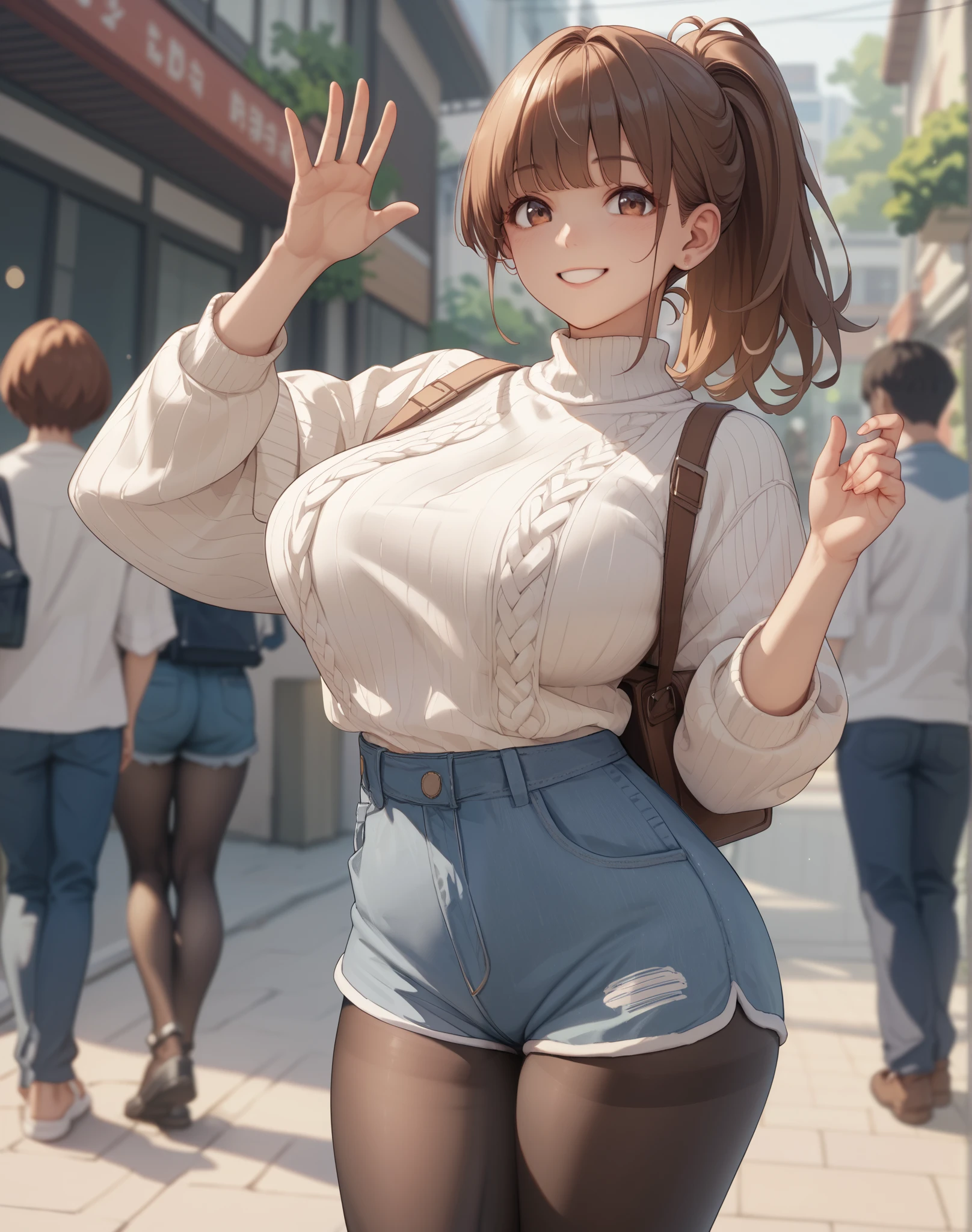 masterpiece、anime、１People Girl、 brown hair、 ponytail、bangs、((Big Breasts))、( big butt )、Thighs、White knit、 shorts that will leave your neck bare、 black pantyhose、 from before、 waving、smile、Look over here 