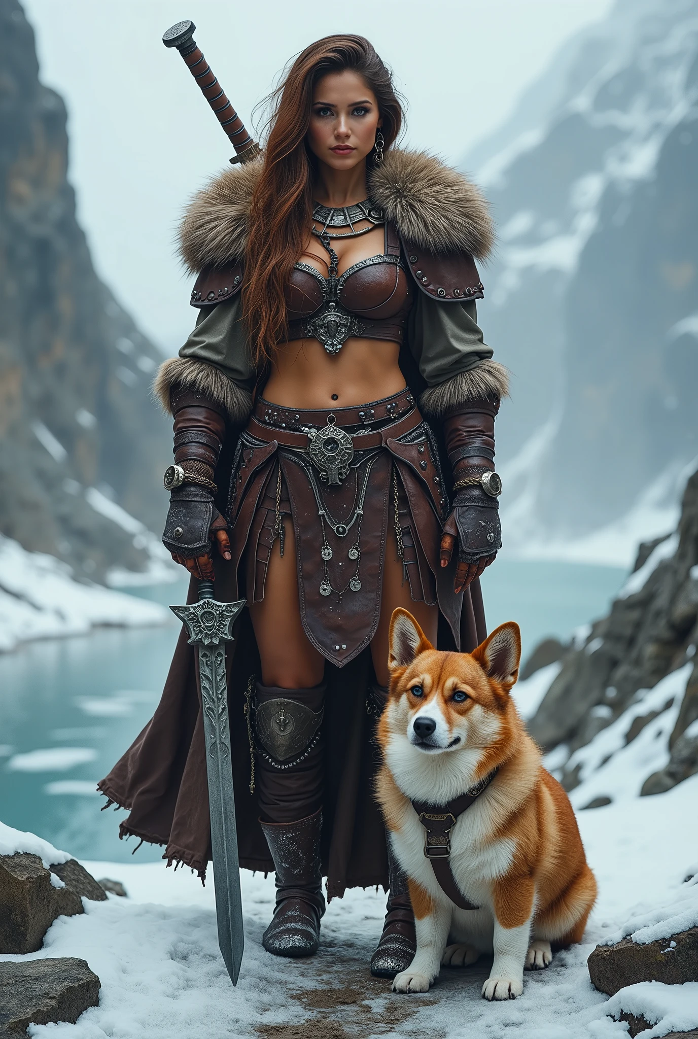 illustration, supermodel NSFW witch, nude woman with wolf ,fantasy illustrations of by Elmore_Style_LX , standing pose, Witches and warriors, nude, mage, cinematic, epic outdoor location, fantasy illustration, cinematic scene by forgotten realms, 1woman barbarian, skimpy armor, Huge breasts, bikini armor, sexy barbarian nude , with sword with a magic items, in the background epic winter sunset Fantasy masterpiece by <lora:Elmore_Style_LX-000010:0.6> DnD