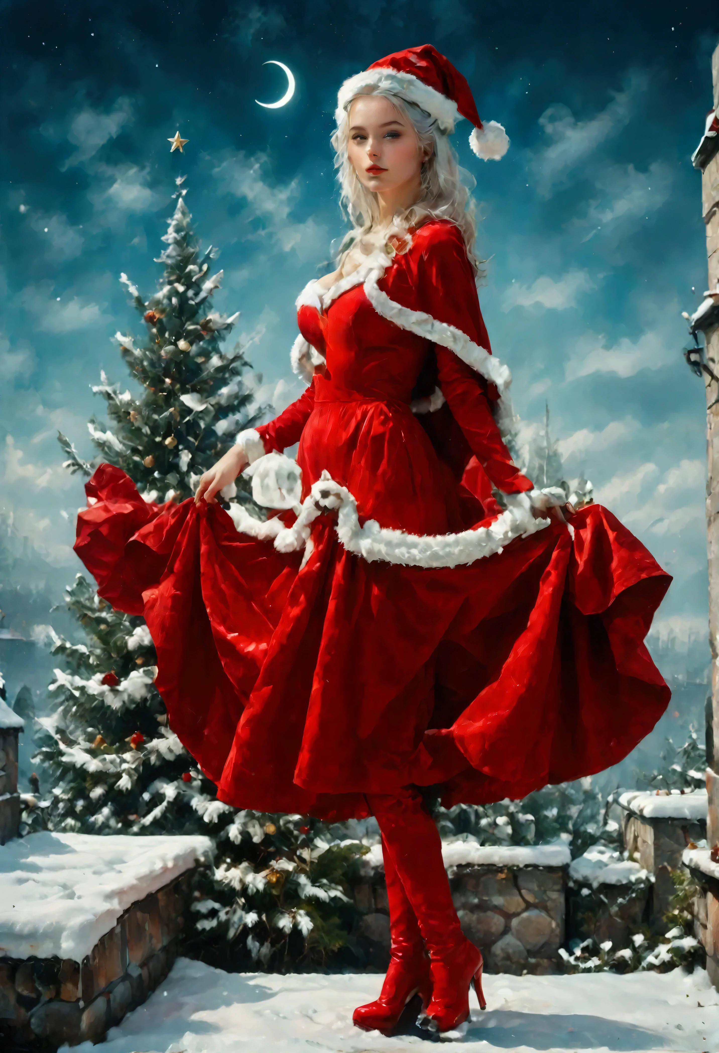 score_9, score_8_up, score_7_up, score_6_up, score_5_up, score_4_up, watercolor art of a most beautiful female Santa Clause carrying gifts, standing on roof in the snow, a beautiful female Santa Clause, white hair color, dynamic hair style, busty, wearing red dress, intricate dress, green cloak, green leggings, wearing red high heels boots,  fresh snow on the roof, high snow, it is night time, the crescent moon in the sky. some stars,  High Detail, Ultra High Quality, High Resolution, 16K Resolution, Ultra HD Pictures, Ultra Realistic, Clear Details, Realistic Detail, Ultra High Definition, Cinematic Shot, d4rk01l