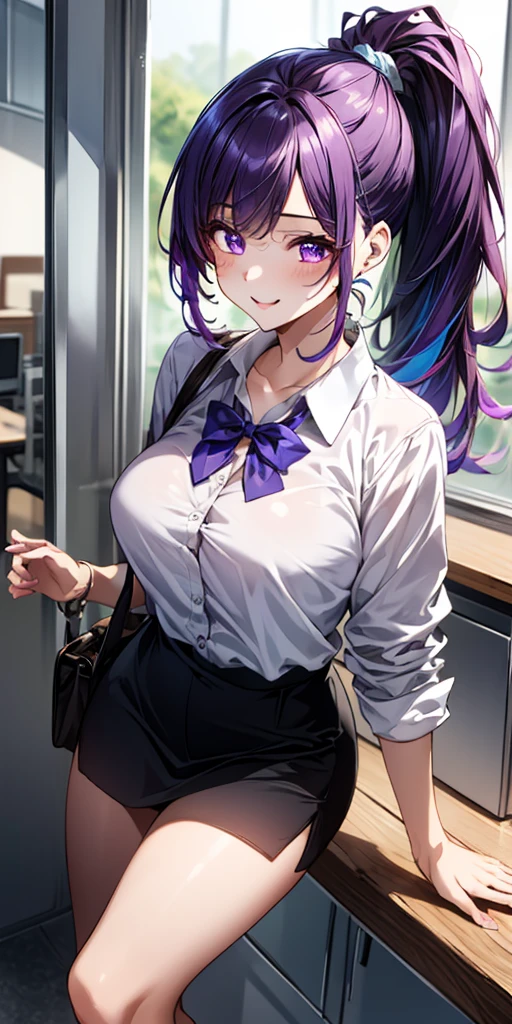 (masterpiece:1.5, best quality), (1lady, solo, upper body:1.2), black hair,purple dip-dye hair , forehead , purple eyes, Swallowtail butterfly head, Shinobu Kocho from “Demon Slayer”, black lab coat, a laboratory in the background, sit down on the chair, looking at the camera, white dress shirt, button-up shirt ,all buttons fastened, button on the neck fastened ,skinny body, short height,close cloth, ,nsfw,(ecstasy:1.3) ,(slut:1.2),(vulgarity:1.3),(fucked silly:1.1),(steam:1.1),(wet:0.8),(trembling:0.8),(tears:0.7) ,(drooling:0.6),(sweat:0.8), open mouth.