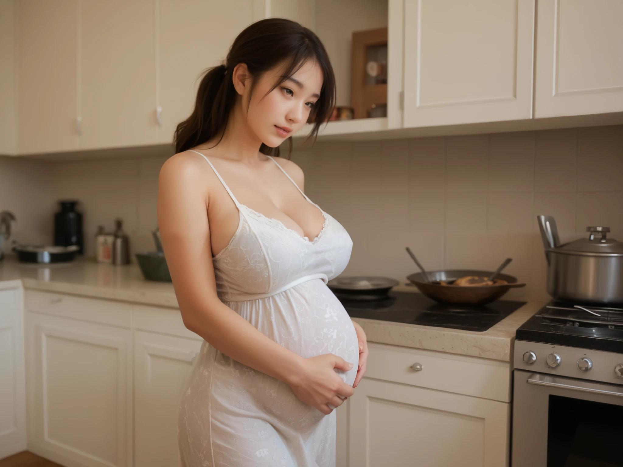 Highly detailed CG Unity 8k wallpaper, top quality, super detailed, masterpiece, realistic, photo realistic, very detailed cute girl, 25 years old, round eyes, viewer, semi-body shot, pregnant woman, naked apron , kitchen , sitting desk