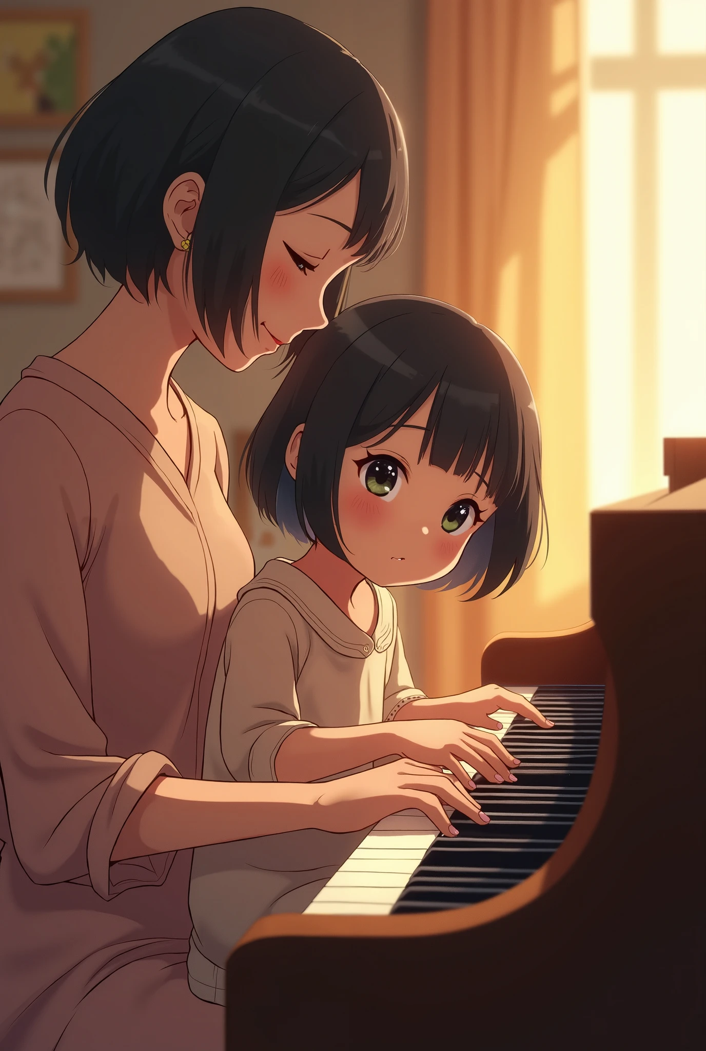 Anime 13 year old girl. Short wavy brown hair. He has dark green eyes. Playing the piano with a boy. Short blond hair on one side and straight. He has dark green eyes.