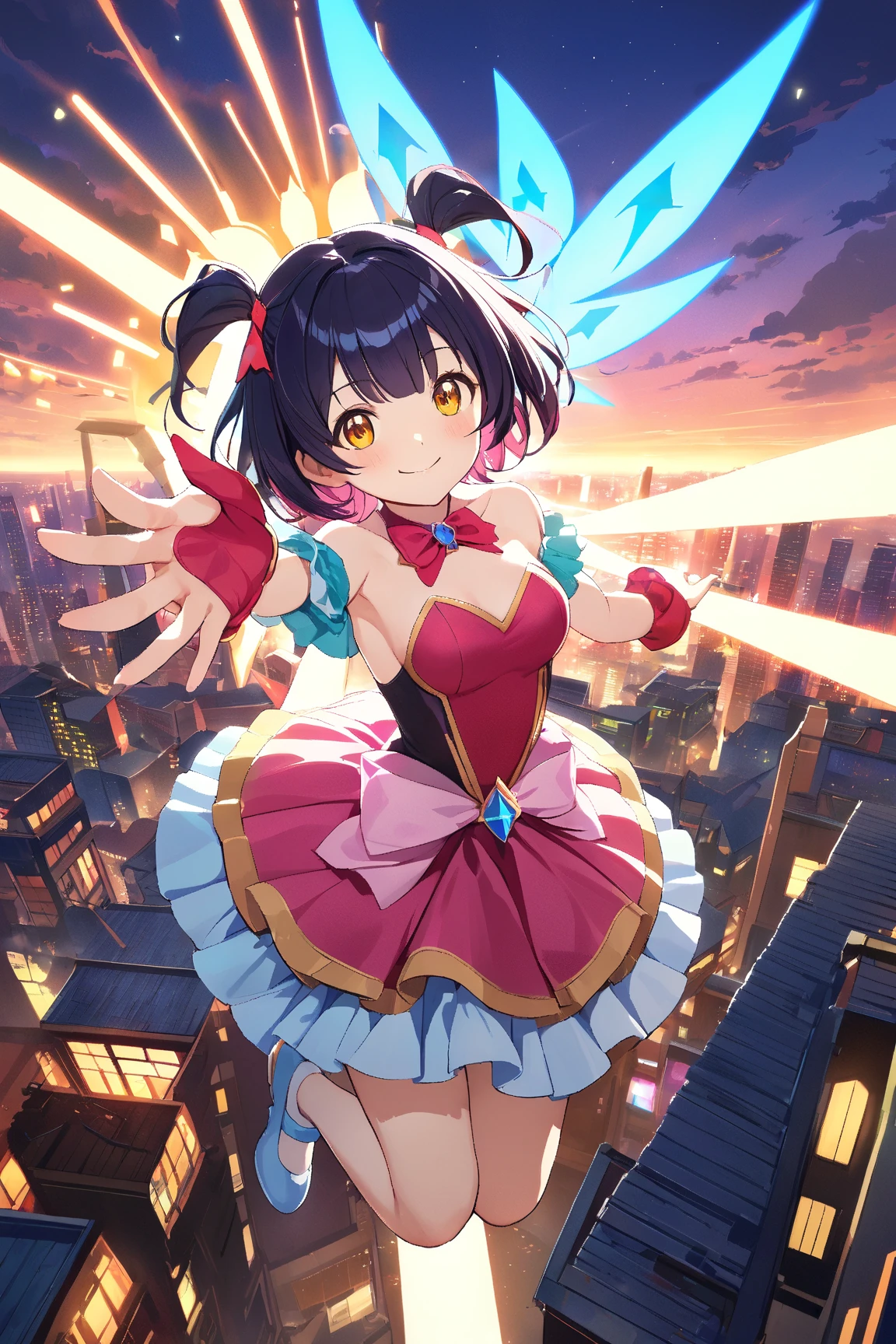 1 girl, (adorable face), , short hair, (cheerful expression), medium breasts, (wearing stylish magical girl outfit), above knee length, cute accessories, BREAK  
Cityscape at sunset, magical energy, (flying:1.2), colorful city lights in the background, BREAK  
(dramatic lighting, glowing effects), vibrant colors, action pose, game cg, BREAK  
absurdres, highres, ultra detailed, beautiful, masterpiece, best quality,
