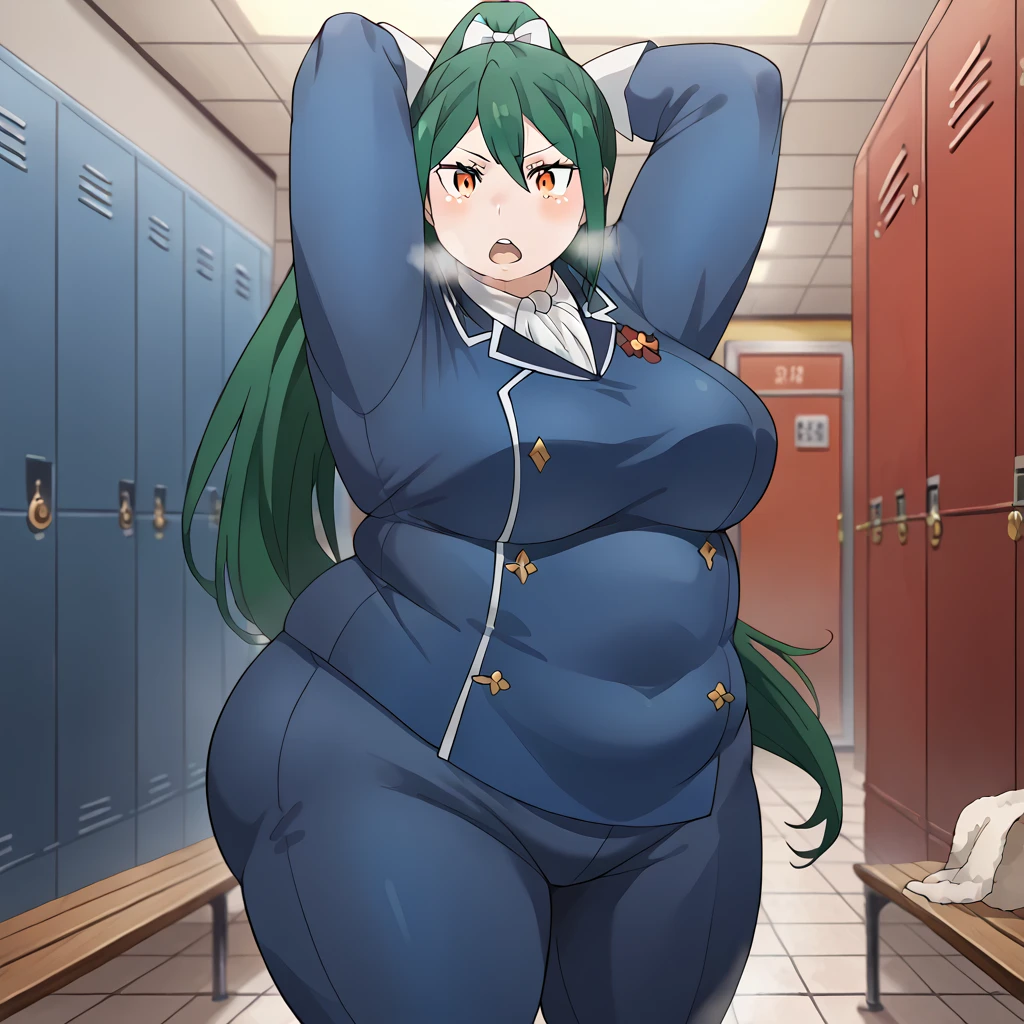 score_9, score_8_up, score_7_up, source_anime, crusch karsten, long hair, hair between eyes, green hair, orange eyes, medium breasts,, gloves, ponytail, white gloves, uniform, long sleeves, pants, blue uniform, blue pants, hair bow,, locker room, lockers, benches, towels, showers, , mememe dance, me!me!me! dance (meme), dancing, ass shake, arms up,, looking at viewer, solo,, dutch angle, cowboy shot fat, chubby, obese, gigantic arms and legs, large breasts open mouth, out of breath