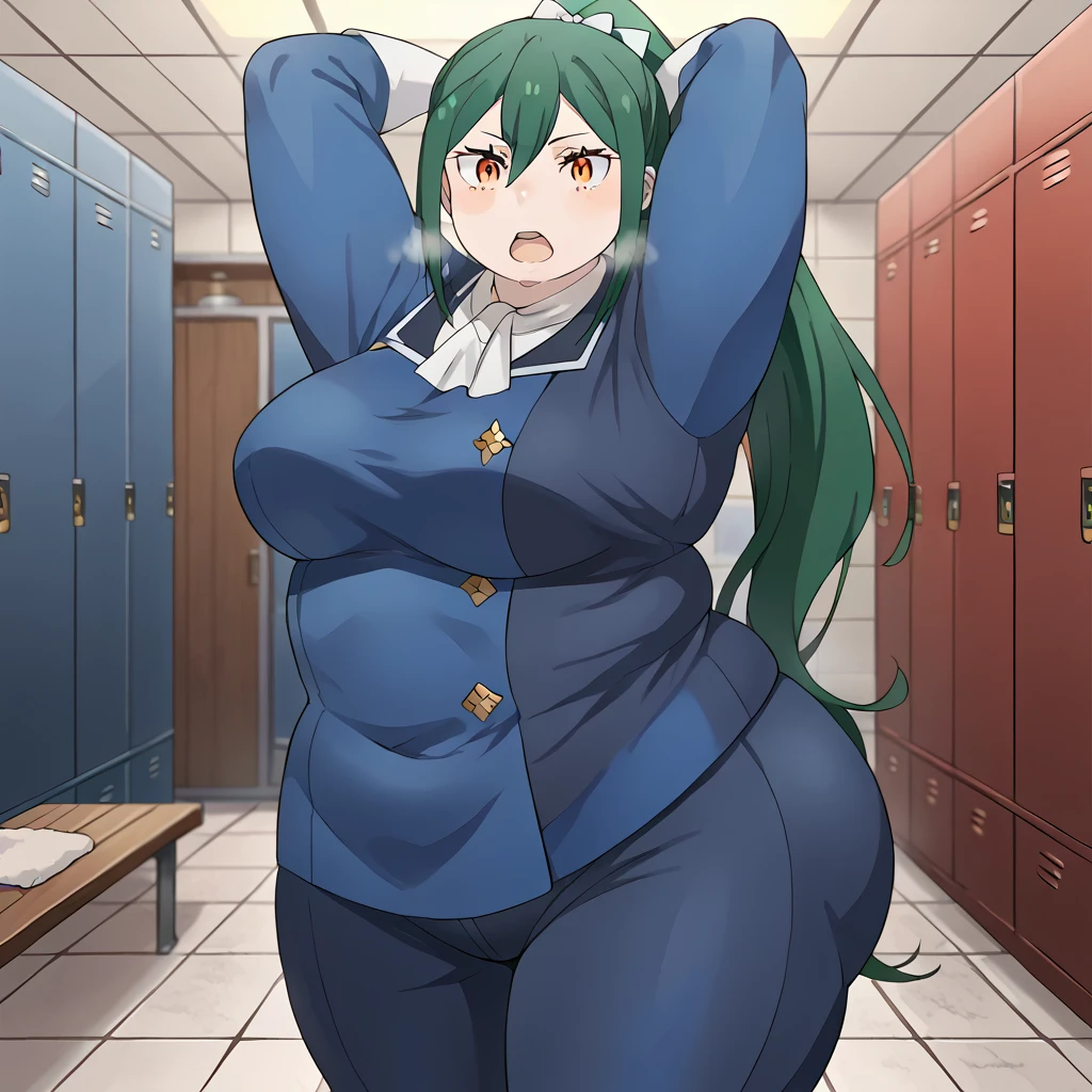 score_9, score_8_up, score_7_up, source_anime, crusch karsten, long hair, hair between eyes, green hair, orange eyes, medium breasts,, gloves, ponytail, white gloves, uniform, long sleeves, pants, blue uniform, blue pants, hair bow,, locker room, lockers, benches, towels, showers, , mememe dance, me!me!me! dance (meme), dancing, ass shake, arms up,, looking at viewer, solo,, dutch angle, cowboy shot fat, chubby, obese, gigantic arms and legs, large breasts open mouth, out of breath