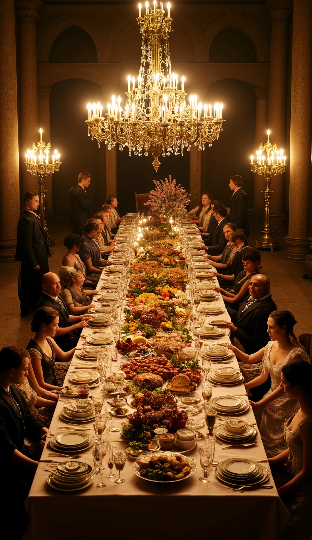 ((masterpiece)) ((photography)) ((Highest quality)) A grand banquet table set in the reception hall of an ancient castle, illuminated by the warm glow of chandeliers and flickering candles. The long table is adorned with an opulent spread of roasted meats, elegantly decorated cakes, fruits, and ornate platters of delicacies. Luxurious golden and silver candelabras and delicate floral arrangements are scattered along the table. Surrounding the table are Victorian-style princes and princesses, dressed in steampunk-inspired outfits with intricate gears, lace, and corsets. The women wear elegant dresses with subtle décolletés, while the men don tailored vests and top hats with a mechanical twist. The atmosphere combines timeless beauty and sophistication with a touch of whimsical steampunk charm.