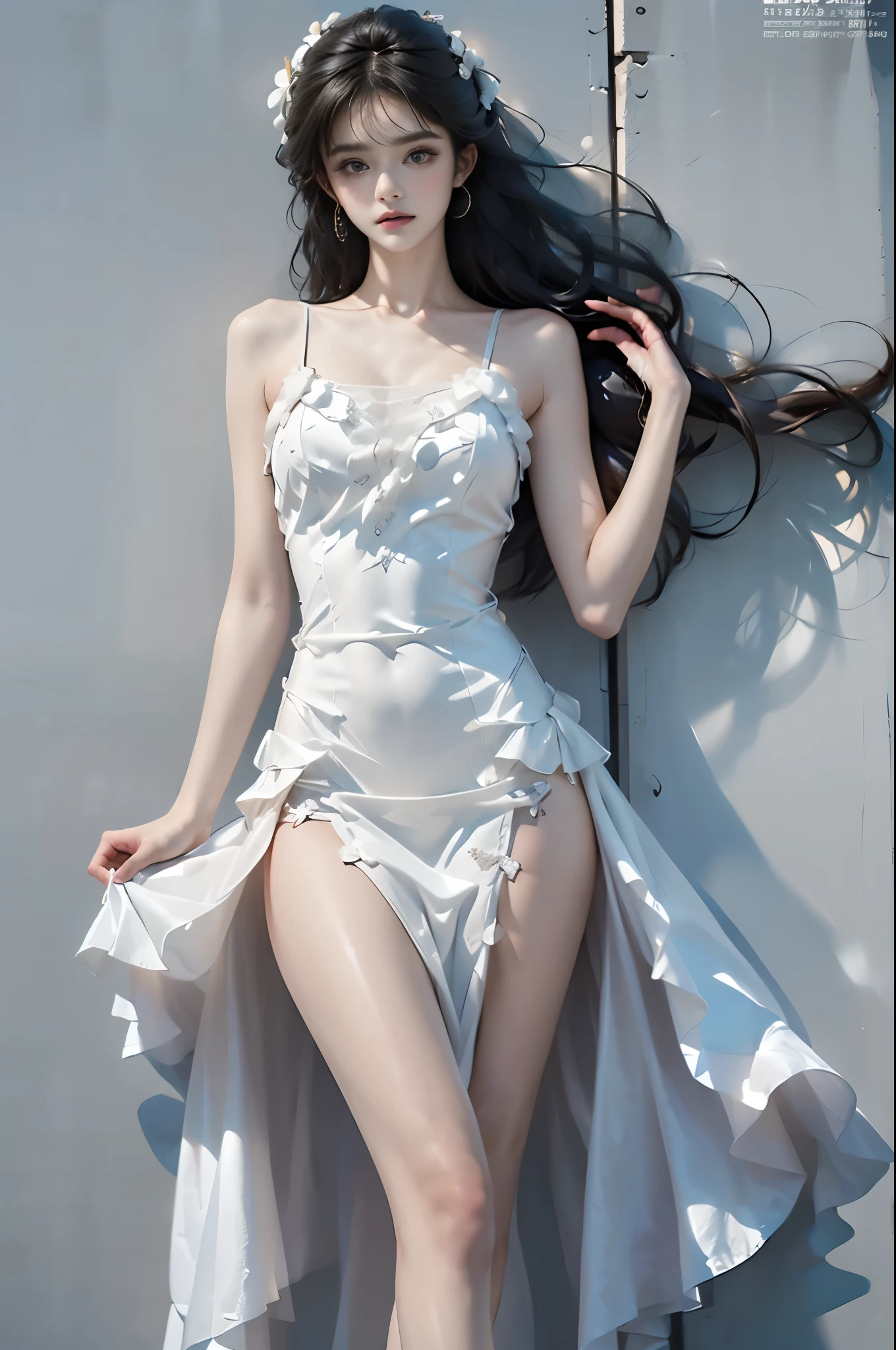 One girl, Long Hair, flower, in the style of white and light camisole, A dreamy, romantic piece, white, Mysterious Leaves, A playful arrangement, Fantasy, High Contrast, Ink strokes, Exposure, pink and white tone impression, Abstract, Attractive pose,Large Breasts、Full Body