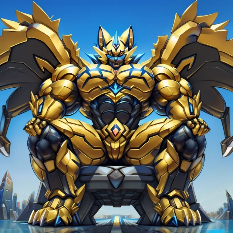 (ZERAORA, 8K), (Zeraora's titanic robot, Powered exoskeleton with a monstrous and overwhelmingly massive design resembling Zeraora), (Masterpiece, ultra-highres) (Immensely detailed head, Exceptionally detailed body, Hyper-defined abs, full body towering like a skyscraper) (colossal and gargantuan muscles, Gigachad-level muscularity, enormous muscle groups dominating the frame, gigantic and mountainous pecs, oversized and rock-solid triceps, towering and hulking traps, absurdly and incomprehensibly developed muscular frame, body teeming with colossal, larger-than-life muscles, showcasing hyper-muscular gigantism, pectorales descomunales, monstrously exaggerated muscle mass that defies logic) (nj5furry, razor-sharp and monstrous claws, ferocious teeth, claws built for devastation), (elongated and massively muscular legs), (Enormous wings spanning the horizon, possessing vast and impossibly large wings, adorned with shining golden wings that block the sun), (Legendary wrestling titan, supreme wrestler, unmatched bodybuilding icon), (Radiating colossal power with metallic brilliance, clad in a skyscraper-sized cyberpunk mecha, hyper-developed muscles emphasized through intricate metallic armor, robotic suit of epic proportions forged to enhance muscle size, an advanced cyborg design towering over cities), an earth-shaking menacing pose, seated on an enormous throne as if carved from mountains, with an arrogant and overpowering expression, reigning supreme while annihilating a sprawling metropolis with ease.