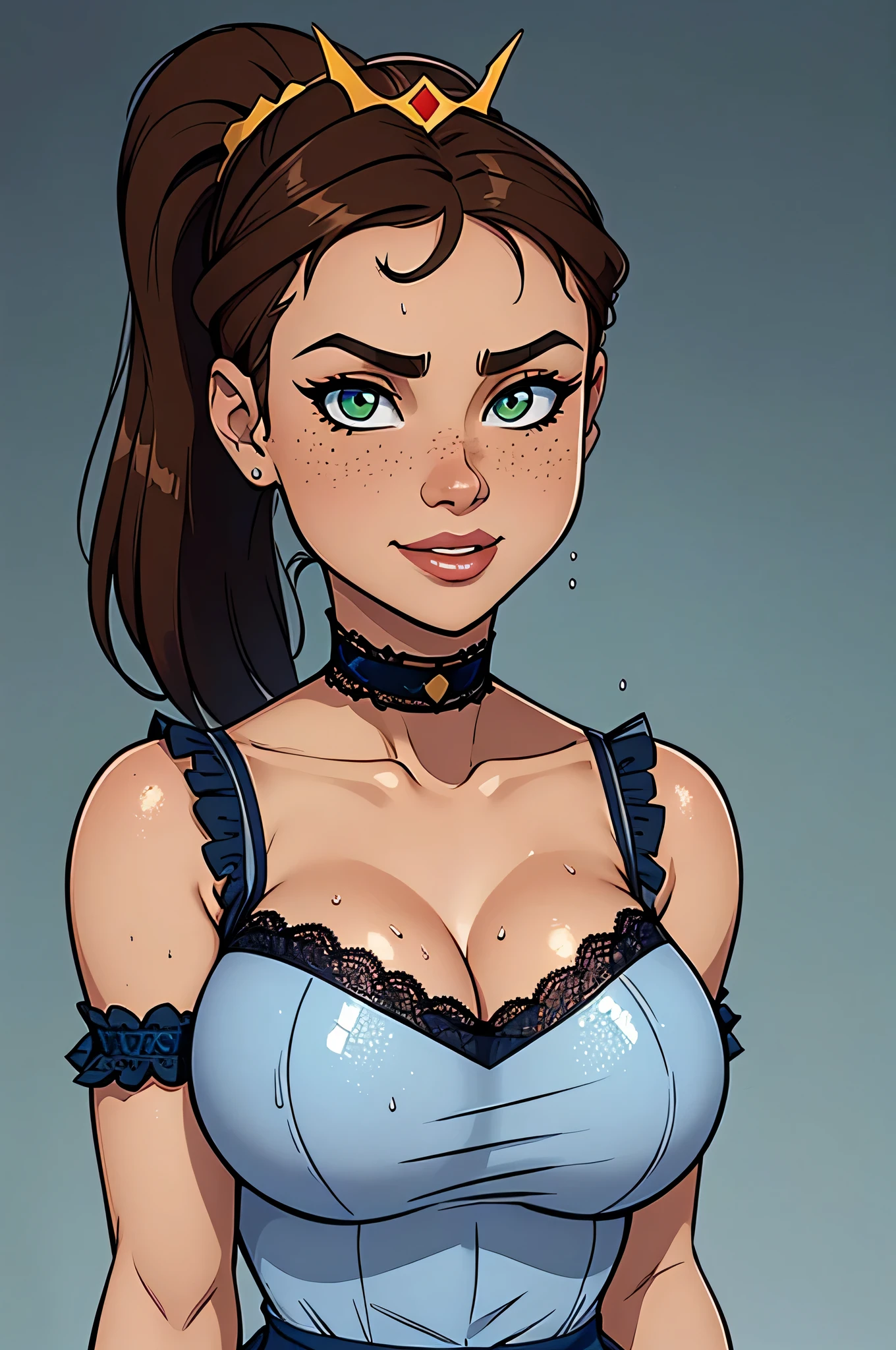 ( absurd, high quality , ultra detailed, watch out for your hand ) Close-up of a thin and athletic woman, 25 years, 8k (( High Definition)), beautiful smile, seductive look, green eyes , wearing a long dark blue dress (( lace V-neckline, short puffy sleeves, tiara and choker )), thin waist , pele morena, Long brown hair (( with ponytail and fringes )), Walking inside an airplane (( upper body )), with freckles on your chest and neck , (( big round breasts, Wet with sweat , closely )), (( Well defined collarbone )). Marvel style (( high quality )), white background.