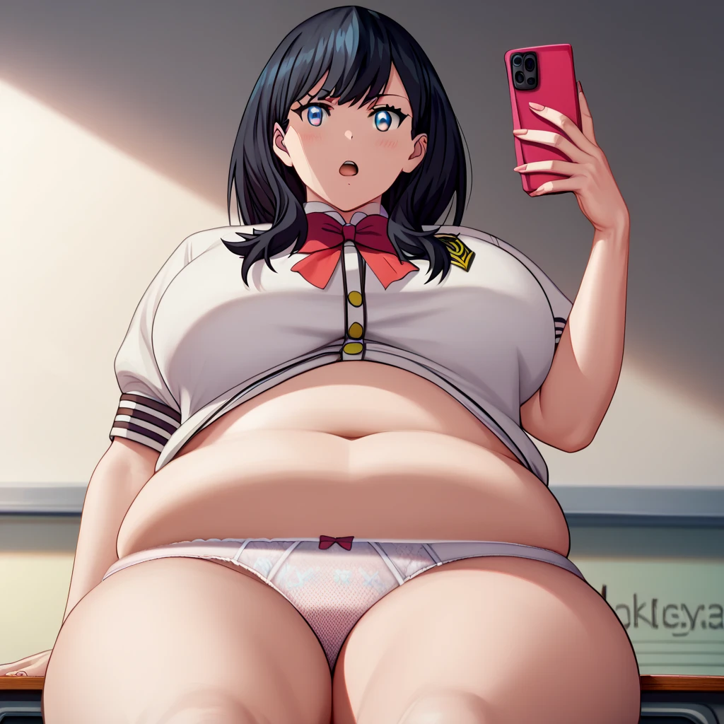 (((masterpiece, Best Quality,  high resolution on down, 超 high resolution on down, 4K, ))), Beautiful Anime Woman,(((Takada Rokka))),(Takarada Rikka),Very cute,(Serious face)(Perfect hands,  COMPLETE ANATOMY),( Big Butts ),( plump thighs ),( sugar angle ),(School uniforms are  ),( flying in a red convertible ),(( white with thin lace panties visible)),(( cowboy shot)),(The background is the classroom), look forward. viewers with tats, Best natural light,  exact number of fingers,((Smooth texture, alistic texture,  anime CG style)),  angle from the front,(sitting on desk),( holding a smartphone in one hand),( beautiful eye with attention to detail),( flying in a red convertible ), perfect lighting,  extremely detailed CG, fat, chubby, obese, gigantic arms and legs, large breasts open mouth, out of breath