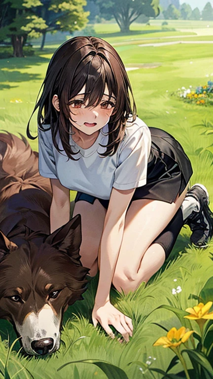 Masterpiece, top quality, highest definition, one adult female, slit eyes, dark hair, one length, brown eyes, model like, beautiful, perfect proportions. Shirt, mini tight skirt. She is on all fours in a grassy field. A large dog is mounted on her back, and she and the large dog are mating. The dog is holding the woman's back.
The woman's face is bright red and flushed, her mouth open and both eyes closed,
She looks like she is crying.
