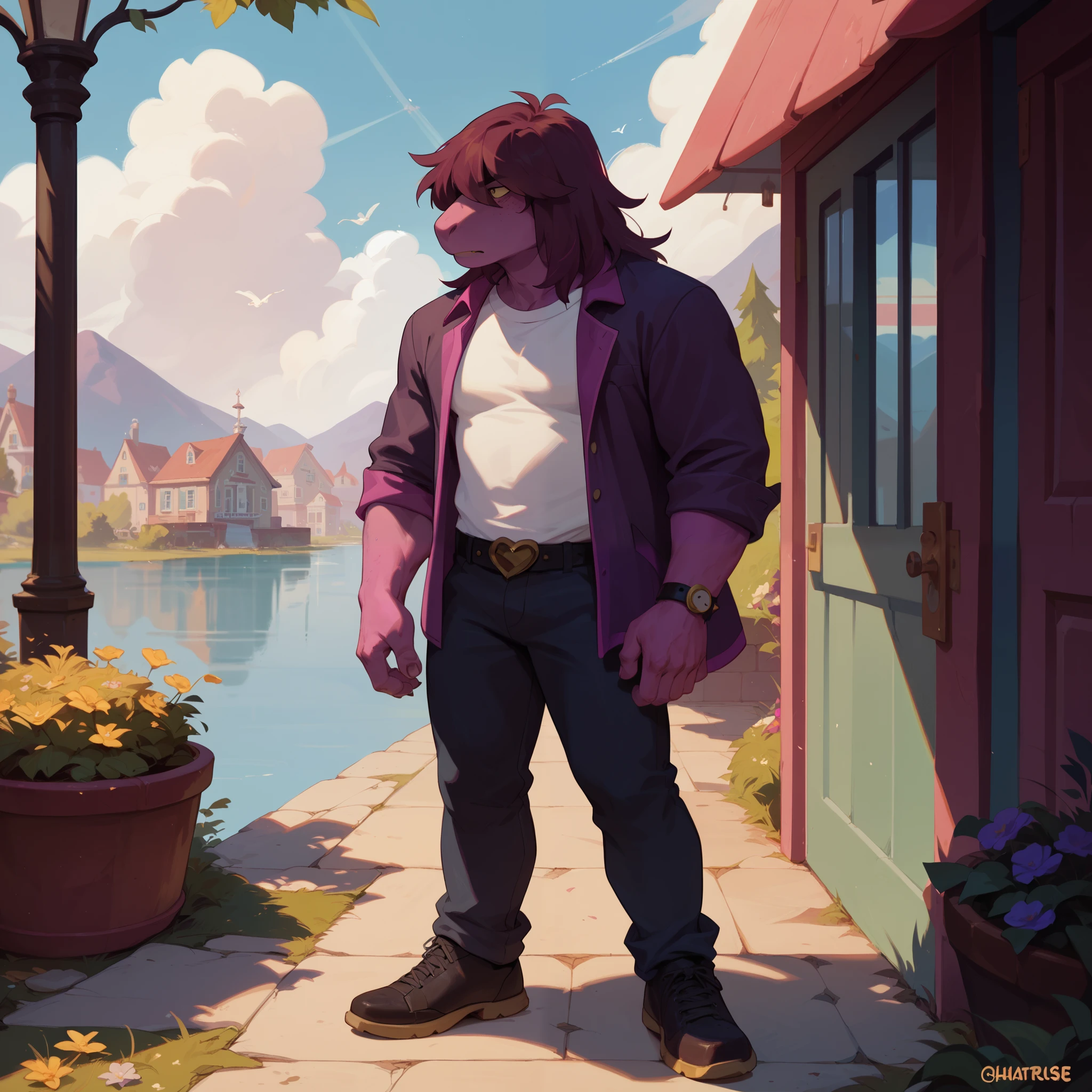 (lightsusie:1.2), susie, susie deltarune, male, anthro, solo, facing viewer, full body, standing, casual pose, 