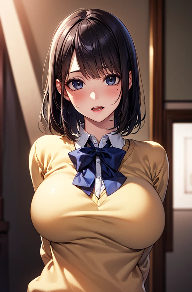 absurderes, Realistic, extremely detailed CG unified 8k wallpaper, Highly detailed, High-definition raw color photos, professional photography, Realistic portrait, Cinematic Light, Beautiful detailed, (arms behind back:1.6), (arms are down:1.3), (misaki_takasaki), black hair, blue eyes, (realistic skin:1.2), (Best Quality:1.4), Super Detail, High quality, ​master piece, lifelike, (ultra high res1.2),perfect proportion,(dark hair:1), ( black hair:1), (black eyes:1.1),(beautiful Busty breasts:1.5), (huge breasts:1.3), (beautiful girl:1.4),a girl,(medium bob hair:1.2),a sexy mole around the mouth,open mouth,(aroused:1), (embarrassed:1), (beige V Neck Sweater:1.1),(school uniform1),a red Checked bow tie, (upper body shot:1.3), (close up), (Bust up focus), 