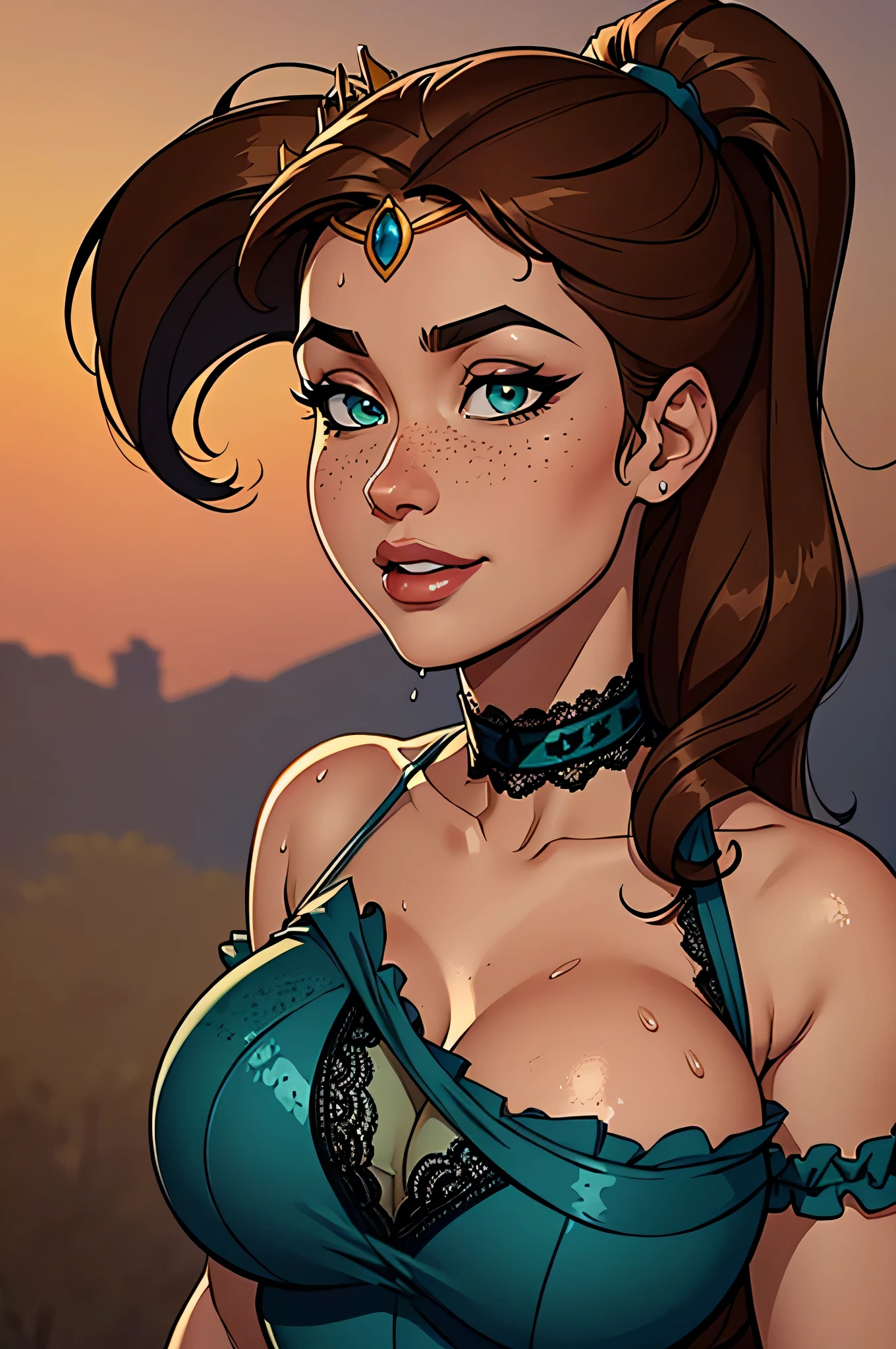 ( absurd, high quality , ultra detailed, watch out for your hand ) Close-up of a thin and athletic woman, 25 years, 8k (( High Definition)), beautiful smile, seductive look, green eyes , wearing a long dark blue dress (( lace V-neckline, short puffy sleeves, tiara and choker )), thin waist , pele morena, Long brown hair (( with a ponytail and fringes )), standing (( upper body, side view )), with freckles on your chest and neck , (( big round breasts, Wet with sweat , closely )), (( Well defined collarbone )). Marvel style (( high quality )), sunset in the background .
