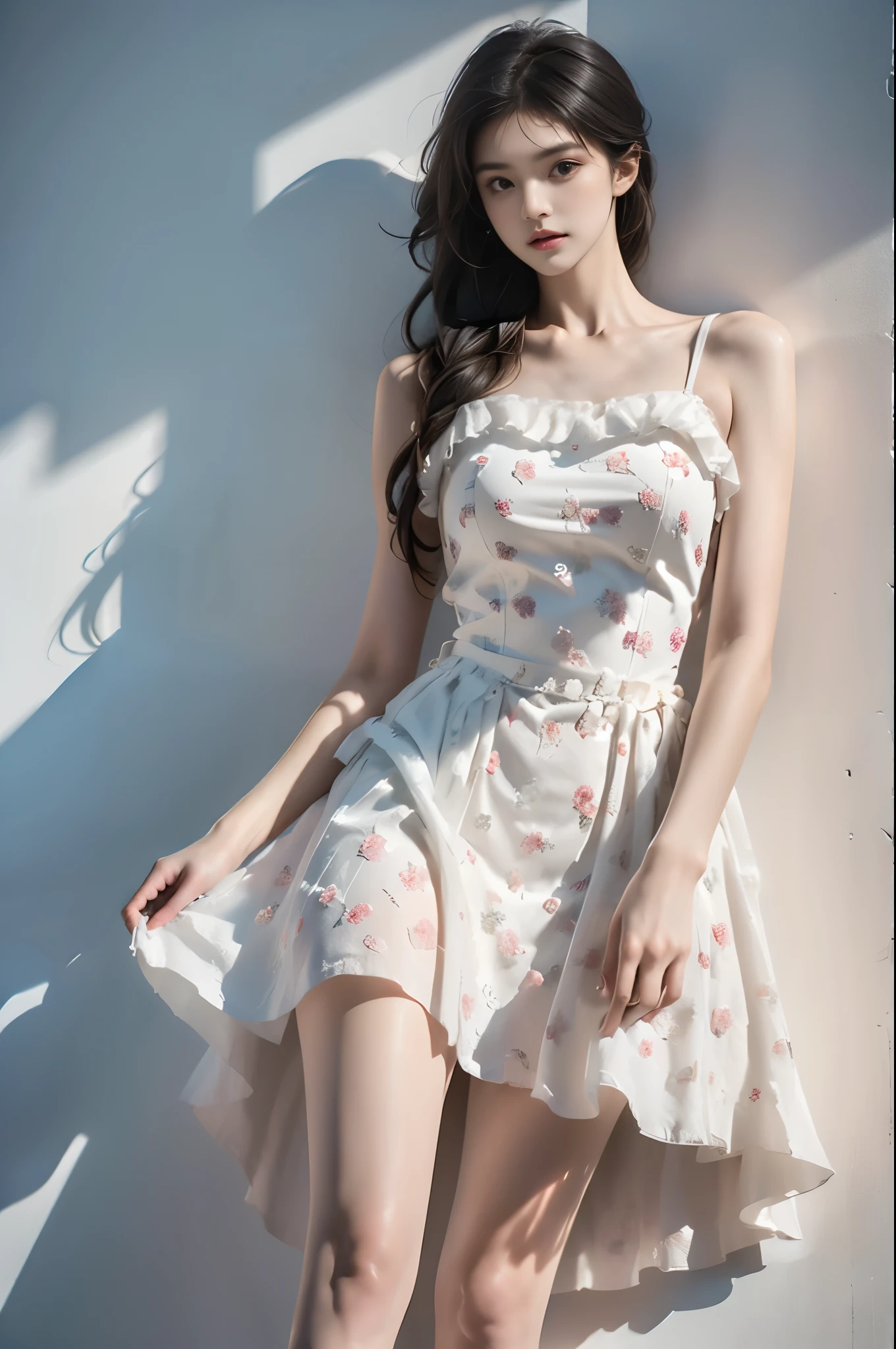 flower_dress (3/4 shot:1.3), (from below:1.2), 1girl, (photorealistic:1.4), beautiful young woman, (Very short hemline, revealing smooth thighs), elegant pose, slim figure, perfect body proportions, (long toned legs:1.3), crossed legs, sleek thighs, (hand playing with hair:1.2), (hand lifting dress hem:1.2), oceanfront, leaning against railing, azure sea, blue sky, white clouds, natural sunlight, soft shadows, professional lighting, sharp focus, 8k uhd, masterpiece quality, (anatomically correct:1.4), perfect anatomy, fashion photography, (high end fashion magazine style:1.2), professional model, flawless skin