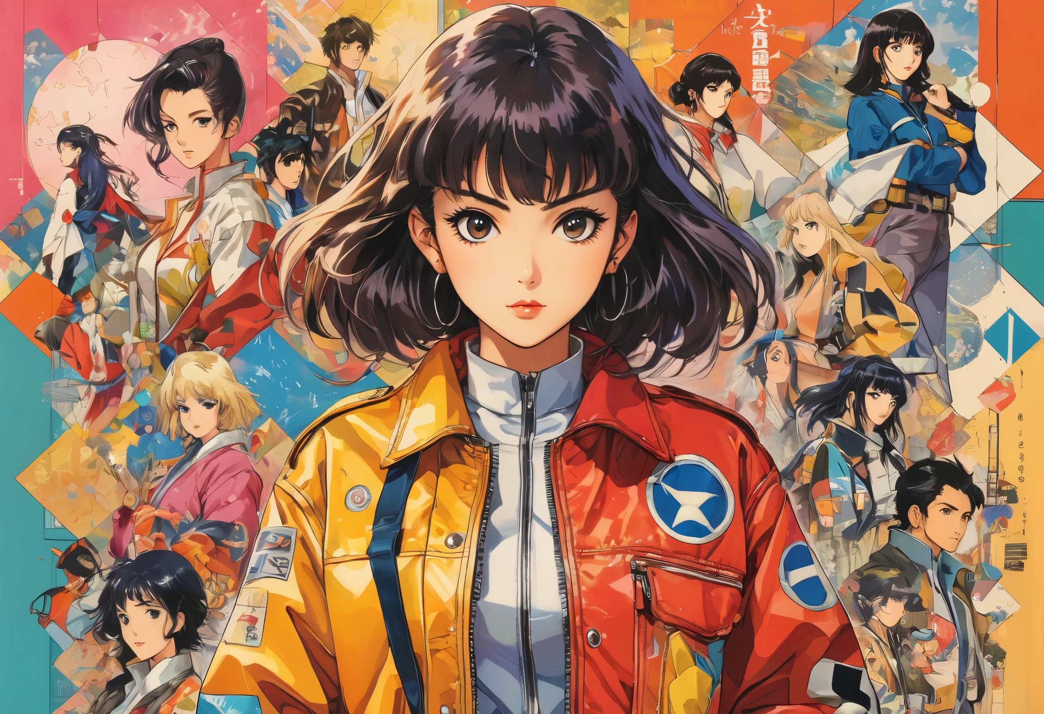 Women wearing breathtaking anime artwork patchwork jackets, vintage 1980's anime, various manga genres , mixed media collage , Okayasu Tomo, A woman in a patchwork jacket is depicted in a vintage 1980's anime style art piece. jackets are exquisitely designed in a variety of materials and colors , making full use of multimedia collage techniques . The artist Okayasu Tomo has created an assistant figure, It adds depth to the overall composition . Thanks to attention to detail and the use of mixed media techniques, 、 this work stands out . The colors used in the artwork are vibrant and bold, draws viewers into the world of vintage anime . The background is simple yet effective , attracts women wearing jackets, who are the main subjects . anime style, key visual , vibrant, studio animation, high definition . Award winning , professional, high definition