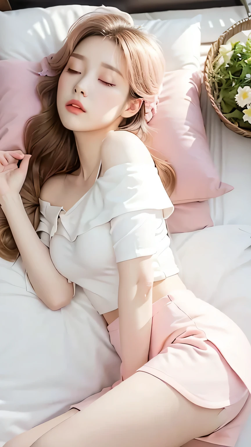 (photo-realistic:1.2), 1girl, beautiful girl, feminine beauty, most realistic, highest quality, masterpiece, pretty face, (white thin off-shoulder shirt), (light pink miniskirt), indoor, (sleeping), (laying in bed), (short sleeves), long curvy hair, ((big breasts:1.0)), lying on back pose, (asian girl), (short figure:1.2), (closing eyes)