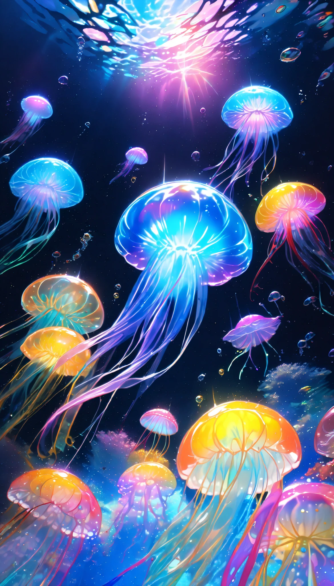 sunrise time, BREAK Dawn seen from the sea, Highly transparent underwater, early morning, aesthetic, BREAK Bathed in the morning sun underwater、Colorful jellyfish, Transparent full color, Holographic, Aesthetic transparent light that highlights the jellyfish, through, reflection, Sparkle, BREAK Colorful and delicate fish, A mysterious background that makes the pre-release look great, (Fantastic iridescent colors:0.2), Transparent pop art that captivates all viewers, BREAK Transparent Jellyfish, Transparent full color, Holographic, Very thin、Flexible Jellyfish, Transparent light, through, reflection, Sparkle, BREAK Highest quality photo printing, Transparent Full color, Realistic Photographic Images, Dynamic shot, (shot from below:1.8), Perfect job, Professional camera work, BREAK Sunrise seen through the sea surface, Aesthetic Asahi, Transparent light swaying on the water surface, BREAK Highest Quality, Highest quality, Highest Resolution, Super Retina,