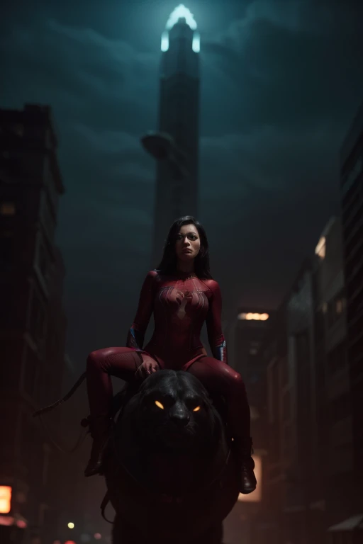 a beautiful spiderwoman with long hair and detailed eyes, wearing a tight bodysuit, riding a giant spider, superhero, dark dystopian city background, cinematic lighting, dramatic composition, moody color palette, high detail, photorealistic, 8k