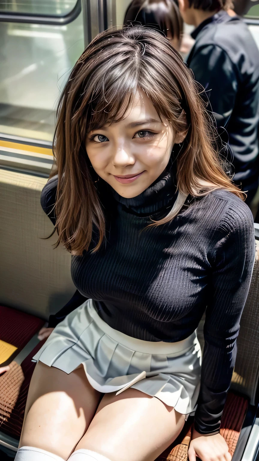 ( Woman sitting on a train seat:1.5)、(  in an office suit 、 big smile)、( realistic 、 as pictured 、live-action、8k,  realistic ,  RAW photo,  Max Image: 1.4),   SLR camera、 RAW photo,  top quality,  realistic ,  HIGH DEFINITION CG Unity 8K Wallpaper ,  written boundary depth, Cinematic Light,  lens flare,  ray tracing,  realistic  background、(( super high density skin ))、(whole body:1.5)、(Black turtleneck knit、 white pleated skirt:1.5、Above the knee socks:1.44)、 small breasts)、 very detailedな顔，( looks away:1.5)、( short hair:1.4、 perfect eye details 、 very detailed、Attention to detail、Perfect outfit、(  sunburned skin )、Front View、 For men {x}  accurate hands、Accurate legs、 detailed hands and fingers、  Anatomically Correct Body  、Thin legs、 thin thighs 、 very detailedな顔、 view from below 