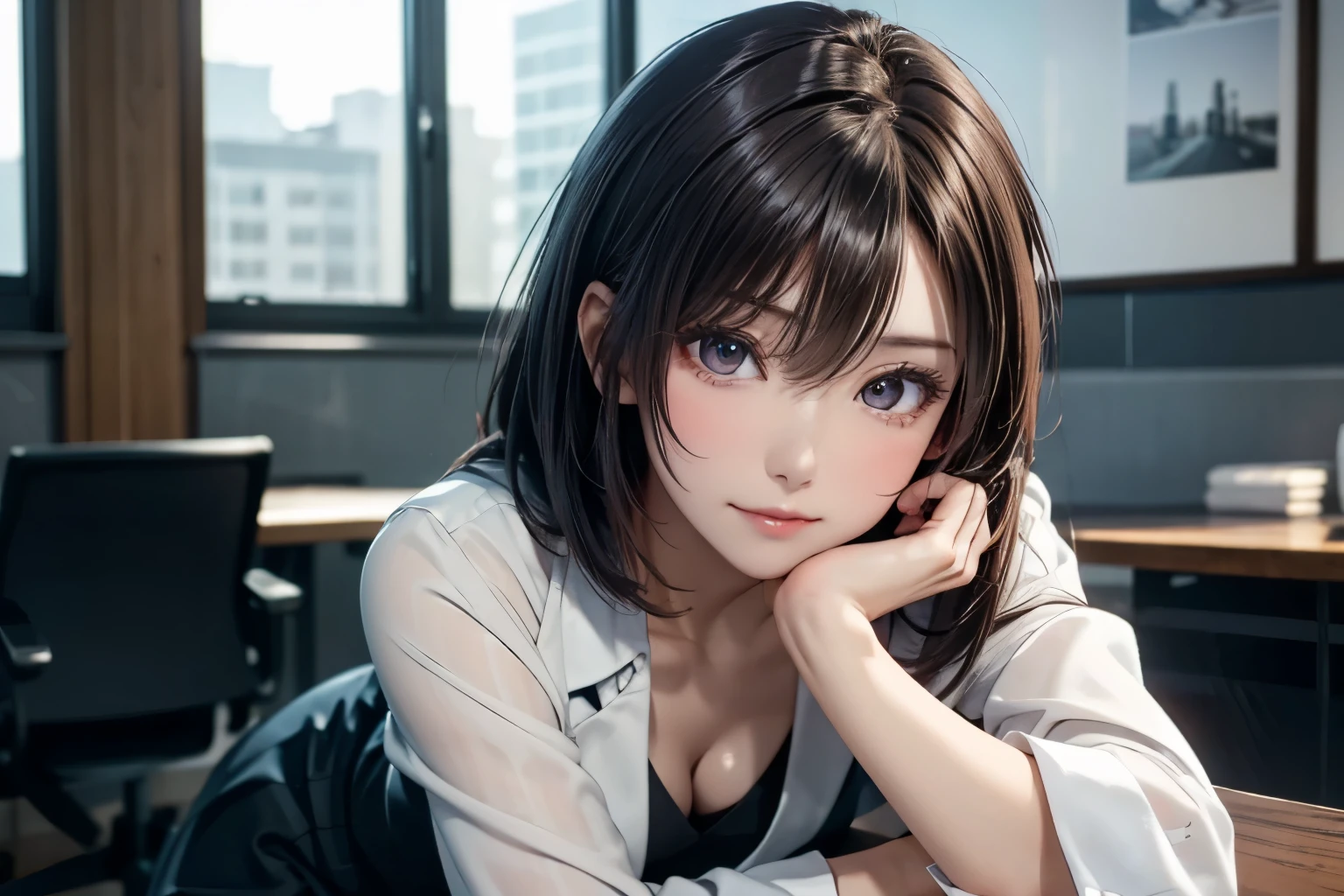 (best quality, masterpiece:1.2), 8K, ultra detailed, beautiful, photorealistic, dynamic lighting, A woman is sitting on the office chair, leaned forward slightly, resting her chest on the table, chin resting on a hand with a sleepy expression, dutch angle, upper body, looking at viewer, (detailed beautiful face and eyes:1.2), shiny skin, straight bob hair, medium breasts, business suit, dress shirt, skirt,