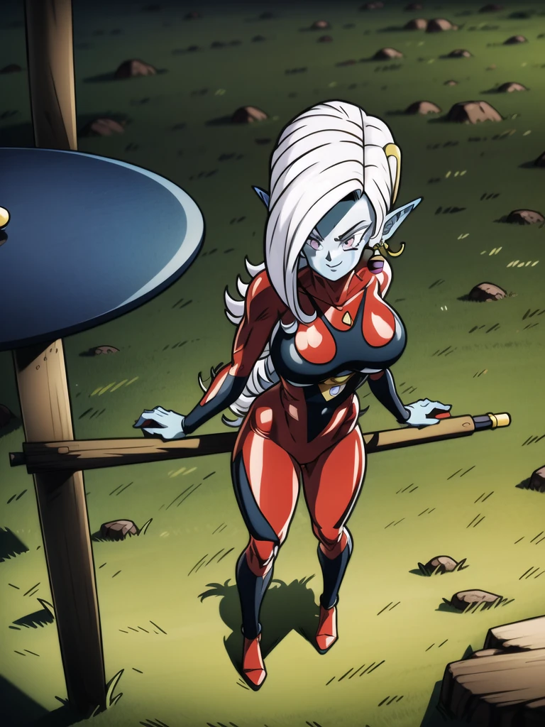 dbsuper style, (extremely detailed CG unity 4k wallpaper),(masterpiece),(ultra quality),(ultra-detailed),(best illustration),(best shadow),(absurdres),(detailed background), Towa, 1girl, solo, pointy ears, colored skin, breasts, blue skin, long hair, bodysuit, large breasts, white hair, earrings, jewelry, underboob, grey eyes, sly smile, purple aura, standing

