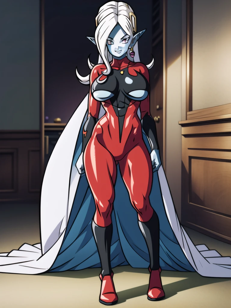 dbsuper style, (extremely detailed CG unity 4k wallpaper),(masterpiece),(ultra quality),(ultra-detailed),(best illustration),(best shadow),(absurdres),(detailed background), Towa, 1girl, solo, pointy ears, colored skin, breasts, blue skin, long hair, bodysuit, large breasts, white hair, earrings, jewelry, underboob, grey eyes, sly smile, purple aura, standing

